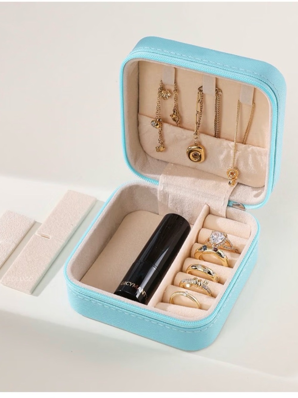 Compact Light Blue Jewelry Travel Case with Ring and Necklace Storage